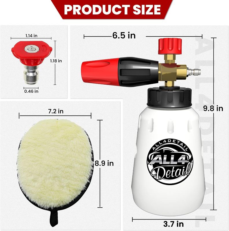 Photo 2 of Foam Cannon, Heavy Duty Car Foam Blaster Wide Mouth Adjustable Snow Foam Lance with 1/4’’ Quick Connector, 1 Liter - 5 Pressure Washer Nozzle Tips - Car Washing Glove for Car Wash