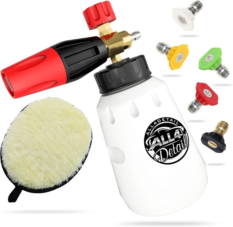 Photo 1 of Foam Cannon, Heavy Duty Car Foam Blaster Wide Mouth Adjustable Snow Foam Lance with 1/4’’ Quick Connector, 1 Liter - 5 Pressure Washer Nozzle Tips - Car Washing Glove for Car Wash