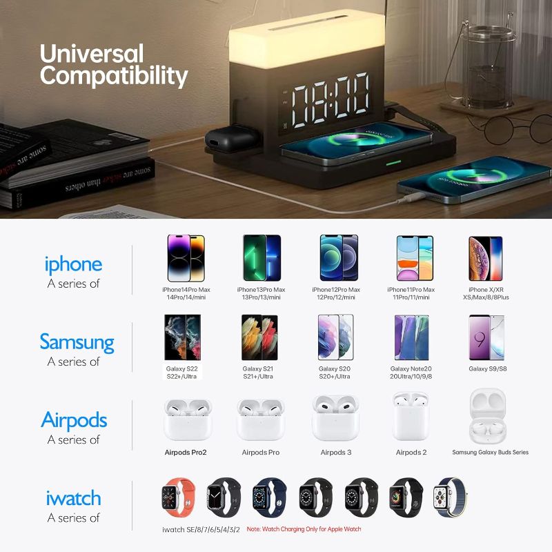 Photo 2 of Wireless Charger,6 in 1 Wireless Charging Station with Digital Alarm Clock & Night Light,15W Fast Charger Compatible with iPhone 14/13/12/11/XS Samsung Galaxy AirPods & Apple Watch