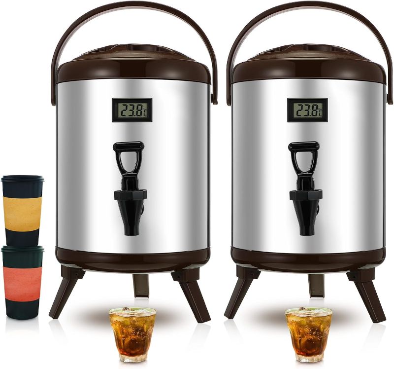 Photo 1 of Mifoci 2 Pcs Stainless Steel Insulated Beverage Dispenser with Thermometer 2.1 gallon/ 8 L Coffee Urn Dispenser Iced Hot Cold Drink Dispenser with Spigot for Hot Water Tea Coffee Milk Party Birthday