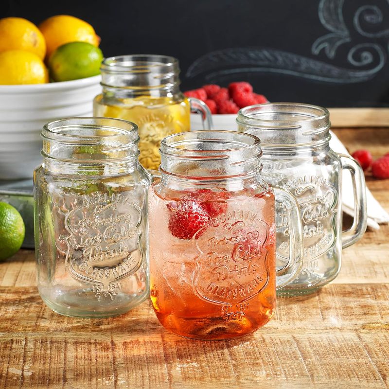 Photo 2 of Glaver's Mason Drinking Jars – Set of 4, 16 Oz Clear Glass Jars – With Convenient Handle and Ice-Cold Embossed Logo – Ideal for Hot and Sunny Days – Perfect Glass Cups for Cold Drinks