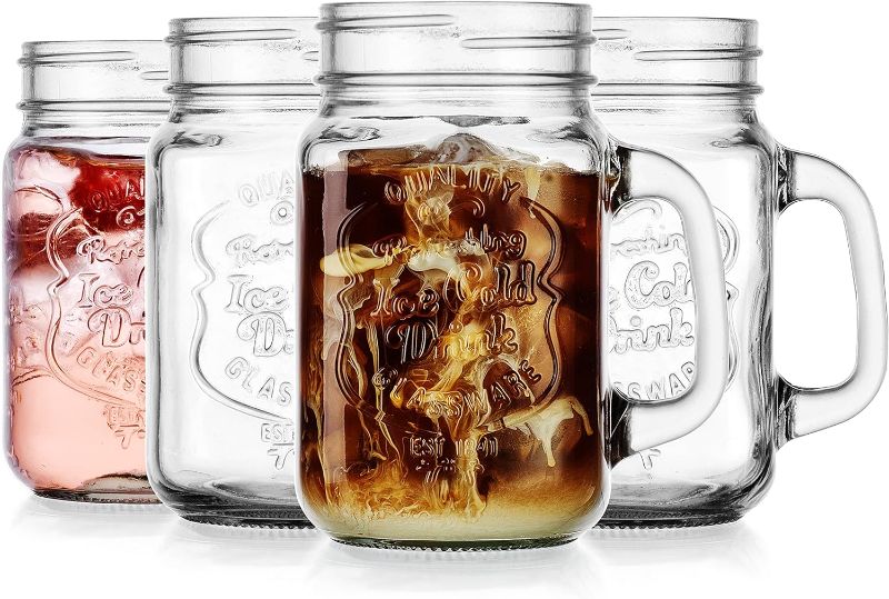 Photo 1 of Glaver's Mason Drinking Jars – Set of 4, 16 Oz Clear Glass Jars – With Convenient Handle and Ice-Cold Embossed Logo – Ideal for Hot and Sunny Days – Perfect Glass Cups for Cold Drinks