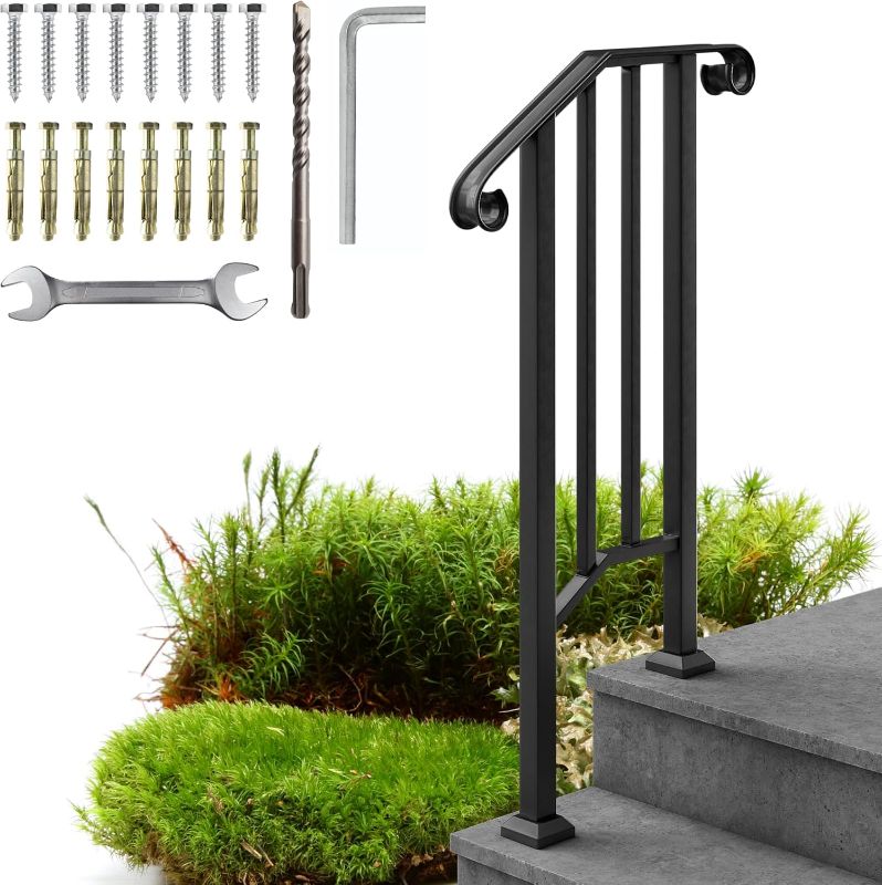 Photo 1 of Metty Metal Hand Rails for Outdoor Steps- 1 to 5 Step Wrought Iron Stair Railing Indoor Set - Powder Coated Black Finish Hand Rails for Indoor Stairs, Exterior Steps, Porch Railing, DIY Installation