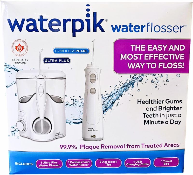 Photo 1 of Waterpik Waterflosser Ultra Plus Water Flosser & Cordless Pearl Water Flosser - 5 Accessory tips, USB Charging Cable & Travel Case, 1 Pack