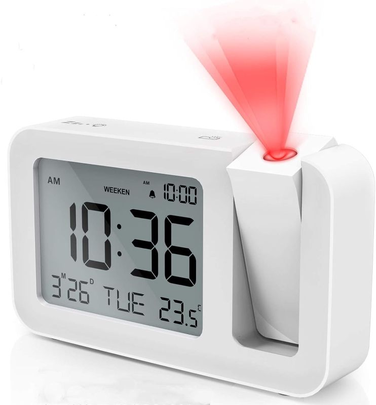 Photo 1 of Projection Alarm Clock for Bedrooms, Digital Alarm Clock with Large 3.8” LED Display & Dimmer, 180° Projector, USB Charger, 12/24 H, DST, Snooze, Ceiling Clock for Kid Elderly (White)