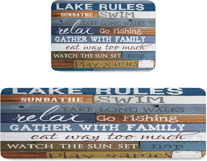 Photo 3 of (JUST ONE)Lake Rules Kitchen Mat Farm Vintage Wooden Anti-Fatigue Non-Skid Rugs,Summer Ocean Theme Area Runner Durable Floor Mats Set for House Sink