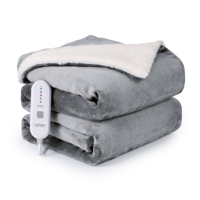 Photo 1 of  50" x 60" Electric Throw Blanket with 5 Heating Levels, Machine Washable Flannel & Sherpa, Gray Blue & White