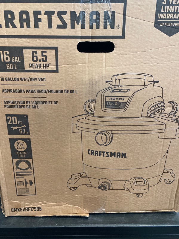 Photo 3 of CRAFTSMAN CMXEVBE17595 16 Gallon 6.5 Peak HP Wet/Dry Vac, Heavy-Duty Shop Vacuum with Attachments