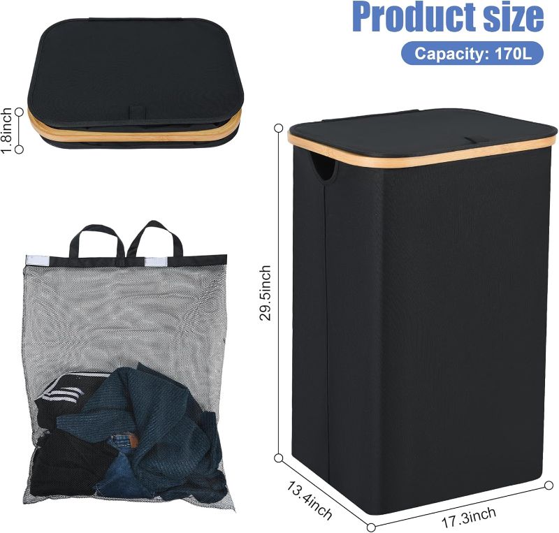 Photo 1 of Laundry Hamper with Lid 110L Large Laundry Hamper with Handle, Lid and a Removable Laundry Bag Laundry Baskets for Bedrooms - Bamboo Bathroom Tall Laundry Bin (Black)