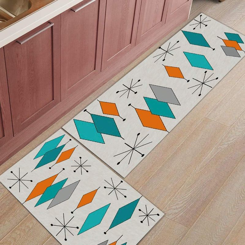 Photo 3 of Libaoge Kitchen Rugs and Mats Set of 2 - Mid-Century Modern Diamond Pattern Doormat with Non Skid Rubber Backing Floor Mat Accent Area Runner Indoor...