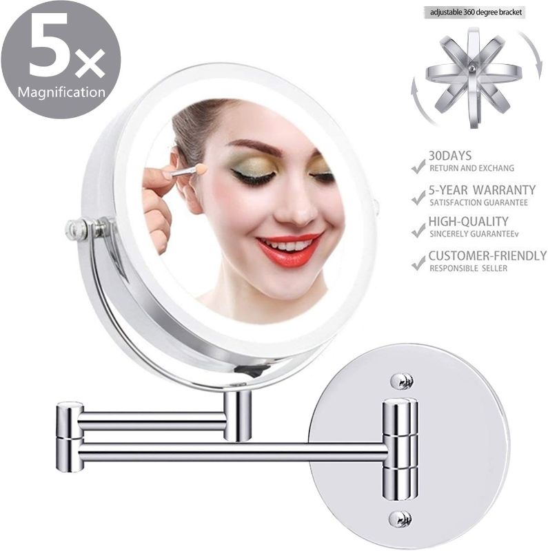 Photo 1 of LED Double-Sided Magnifying Makeup Mirror, 6.7" Diameter 1X/5X Adjustable Magnification Led Cosmetic Mirror Wall Mounted, 360° Rotating Function,...