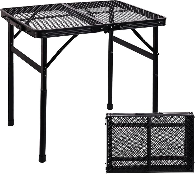 Photo 1 of ALZEROOE Metal Picnic Small Folding Table, Camping Grill BBQ Side Table for Outdoor Garden Patio Yard - Portable Lightweight, Compact & Height...