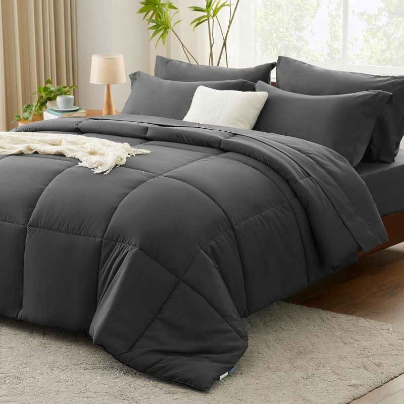 Photo 1 of Comforters Queen Size Light Gray, Pintuck Bed in A Bag Pinch Pleat Bedding Sets with All Season Comforter