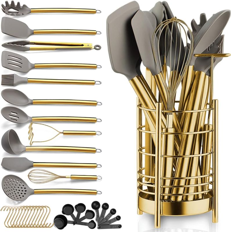 Photo 1 of Gold Kitchen Utensils Set, Berglander 38 Pieces Non-stick Silicone Cooking Tools Spoon Spatula Set With Sturdy Stainless Steel Utensil Holder, Dishwasher Safe