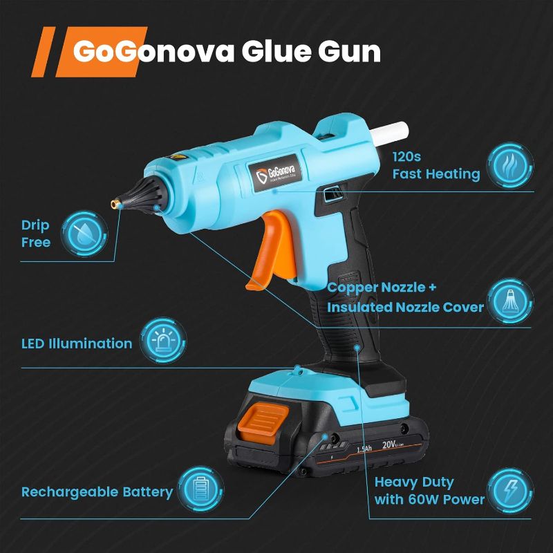 Photo 1 of 20V Cordless Hot Glue Gun, GoGonova Drip-Free Fast Heating Full Size Glue Gun with Insulated Copper Nozzle, Melting Glue Gun Kit with LED Light (Battery Included)