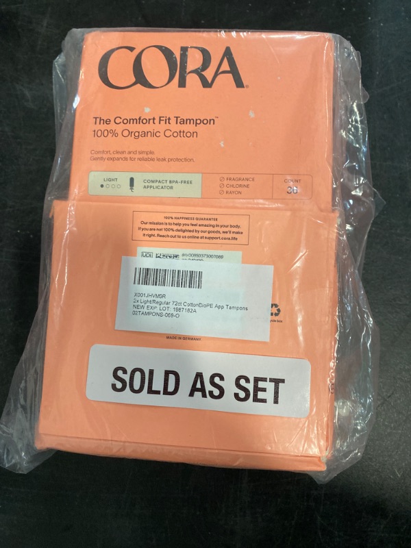 Photo 2 of Cora Organic Applicator Tampon Multipack | 36 Light & 36 Regular Absorbency | 100% Organic Cotton, Unscented, BPA-Free Compact Applicator | Leak Protection | Packaging May Vary | 72 Total 72 Tampons