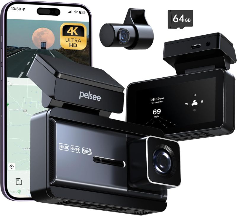 Photo 1 of 4K Dash Cam Front and Rear, 64GB SD Card, Pelsee 4K+1080P Dual Dash Camera for Cars with Wi-Fi, GPS, ADAS, BSD, 3’’ IPS Display Car Camera, APP & Voice Control, Night Vision, 24H Parking Mode