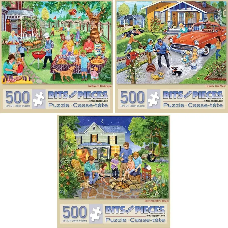 Photo 1 of Bits and Pieces Set of Three 500 Piece Jigsaw Puzzles Family Scene by Sandy Rusinko 18" x 24"