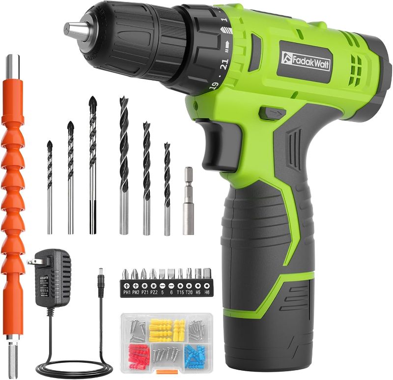 Photo 1 of Cordless Drill Set,12V Power Drill Set with Battery and Charger, Electric Driver/Drill Bits, 3/8'' Keyless Chuck,21+1 Torque Setting, 180 inch-lbs, with LED Electric Drill Set (Green)