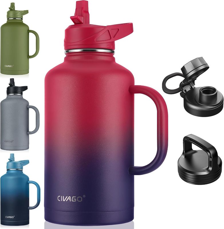 Photo 1 of CIVAGO 64 oz Insulated Water Bottle Jug with Straw and Handle, Half Gallon Stainless Steel Water Flask, Large Sports Metal Water Bottle with Straw Lid (3 Lids), Big Thermal Mug Cup, Dark Rainbow