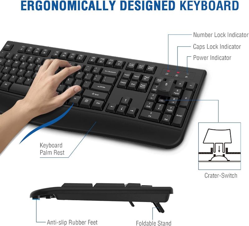 Photo 1 of EDJO Wireless Keyboard, 2.4G Ergonomic Full Size Wireless Computer Keyboard with Wrist Rest for Windows, Mac OS Desktop/Laptop/PC Black