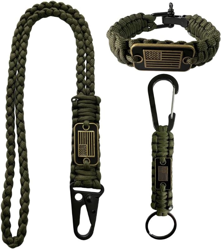 Photo 1 of Heavy Duty Paracord Set - Lanyard Necklace, Carabiner Keychain, and Tactical Survival Bracelet for Men and Woman with Bronze USA Flag