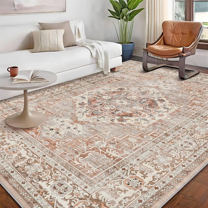 Photo 1 of Pauwer Boho Area Rug 6x9, Machine Washable Area Rugs for Living Room Bedroom, Vintage Soft Throw Rug Carpet, Non Slip Low-Pile Distressed Area Rugs for Dining Room Entryway Dorm, Brick Red