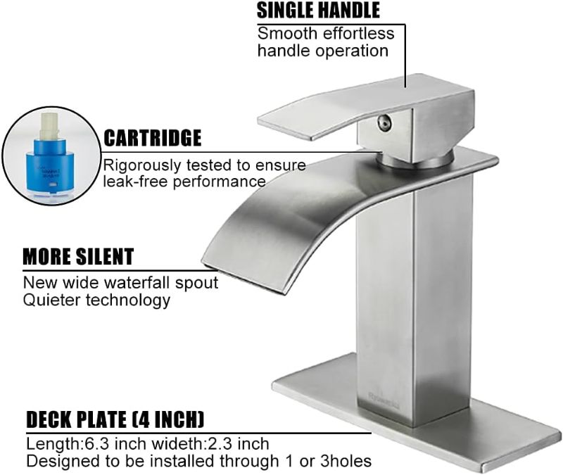 Photo 1 of Bathroom Faucet Brushed Nickel Modern Waterfall Bathroom Sink Faucet with Single Handle Suitable for 1 or 3 Holes,Supply Deck Plate and Hose