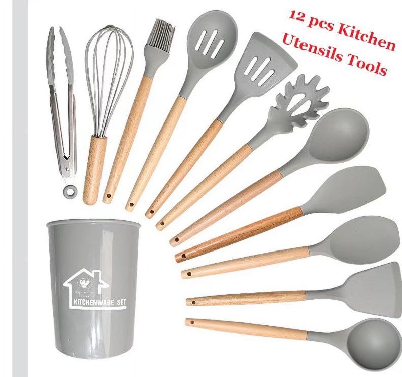 Photo 1 of 12 Pcs Kitchen Utensils Cooking Spatulas Nonstick Heat Resistant Silicone Kitchen Cookware Set(light grey)