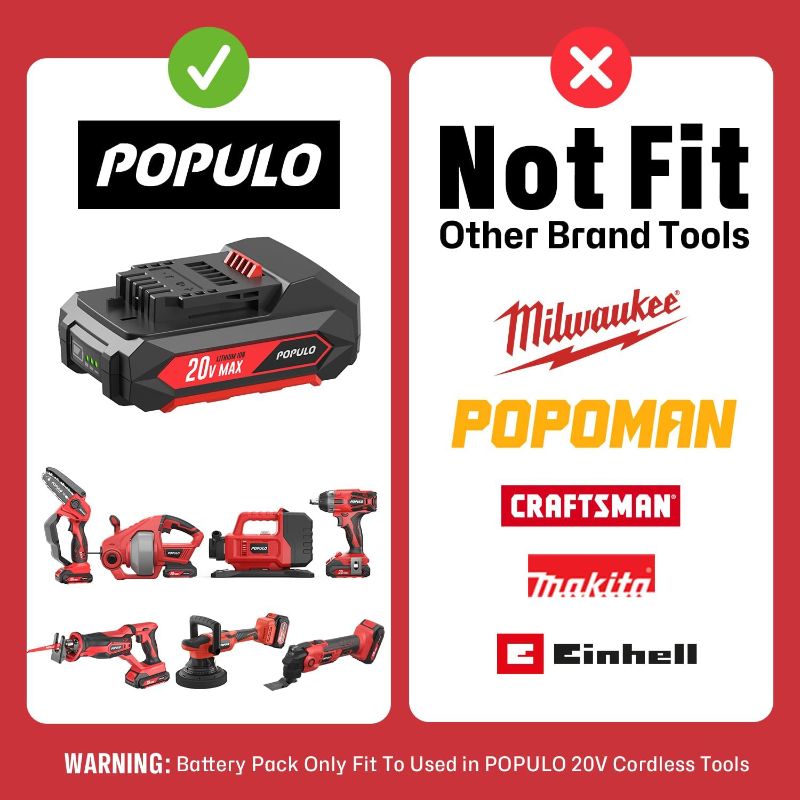 Photo 1 of populo 20V Max Lithium ion 2.0Ah Battery Pack PPLBP,Only Suitable 20V Cordless Lithium Battery Tools.(Not Fit to Hyper Tough Tools,Bauer Tools,Popoman Tools)