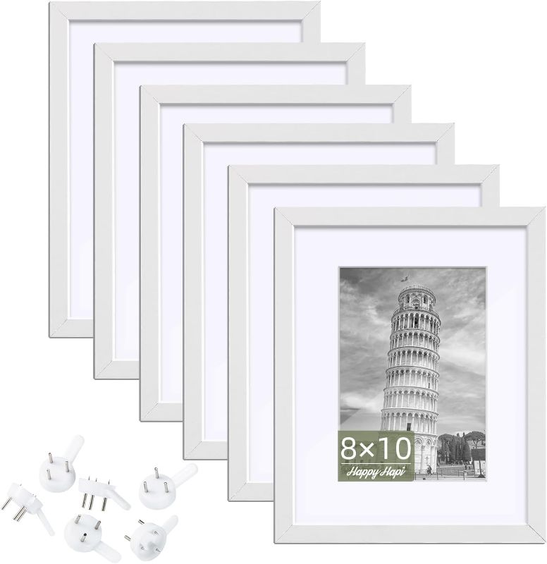 Photo 1 of HappyHapi 8x10 Picture Frame Set of 6, 8x10 White Picture Frame Display Pictures 5x7 with Mat or 8x10 Without Mat. Wall Hanging Photo Frame or Tabletop Display Gallery Frame (White)