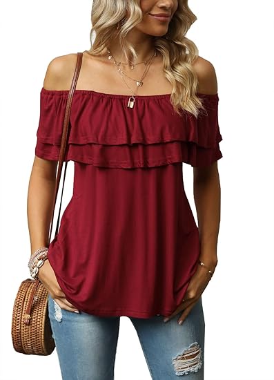 Photo 1 of Size Medium - Women's Casual Off Shoulder Ruffle Tops Short Sleeve T Shirts Loose Summer Blouses Shirt