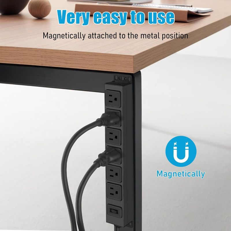 Photo 1 of HHSOET Wall Mount Magnetic Power Strip, Under Desk 6 Outlet Mountable Socket, Metal Long Heavy Duty Surge Protector for Garage, Shop, Gaming Table Or Workspace, 6FT Extension Cord.(Black)