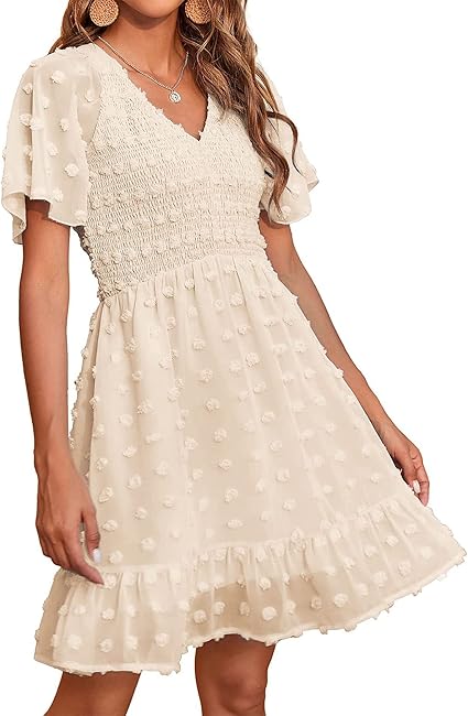 Photo 1 of Size 2XL - BTFBM Women's V Neck Smocked Short Sleeve Casual Dress Swiss Dot Swing Flowy Ruffle Hem Mini Beach Summer Dresses 2024