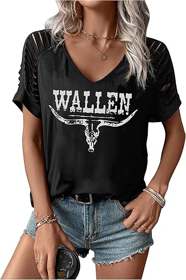 Photo 1 of SIZE MEDIUM Womens Cut Out Cold Shoulder T Shirts Nashville Country Lacerated Sleeve Cowgirls Tee Top Morgan Wallen