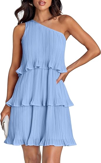 Photo 1 of Size Small ZESICA Women's 2024 Summer Sleeveless Mini Dress Boho One Shoulder Ruffle Tiered Layered Chiffon Flowy A Line Dresses