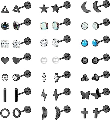 Photo 1 of Jstyle Hypoallergenic Flat Back Stud Earrings for Women Men Surgical Stainless Steel Earrings Set for Sensitive Ears Cartilage Earring Small Flatback Studs Earrings Stacks Screw Back Earrings Piercing