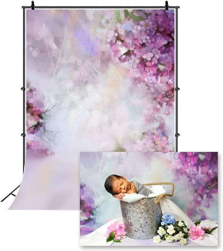 Photo 1 of Laeacco Floral Background 5x7ft Oil Painting Watercolor Drawing Wall Flowers Photography Background Light Purple Blooming Spring Cherry Blossoms Abstract Photo Studio Backdrop Bokeh Children Photos