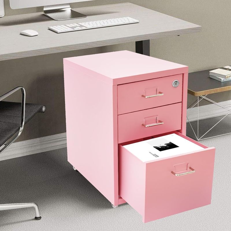 Photo 1 of bounceykart 3 drawer file cabinet, vertical filing cabinet for home office metal rolling file cabinets with lock and wheels lockable file organizer cabinet for files storage (pink)