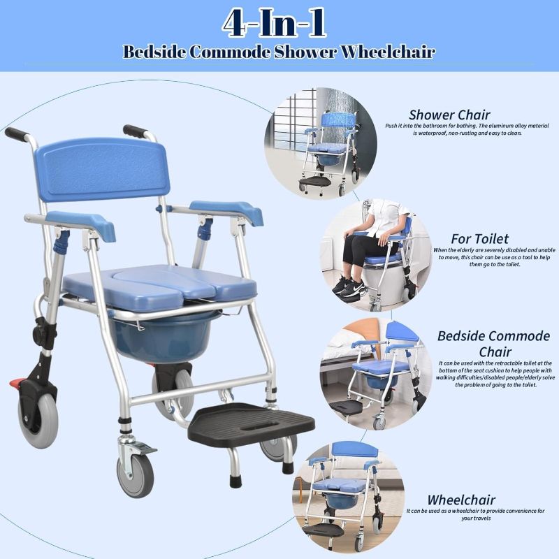 Photo 1 of 4-in-1 Bedside Commode Shower Wheelchair, Folding Shower Commode Chair for Toilet with Arms, Padded Rolling Shower Chair with Locking Wheels, Mobile Toilet Chair with Bucket for Seniors