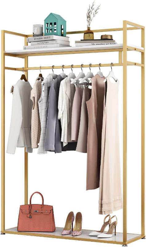 Photo 1 of Heavy Duty Clothing Rack with Shelves for Hanging Clothing, Gold Metal Freestanding Garment Rack for Retail Display (47.24" L)