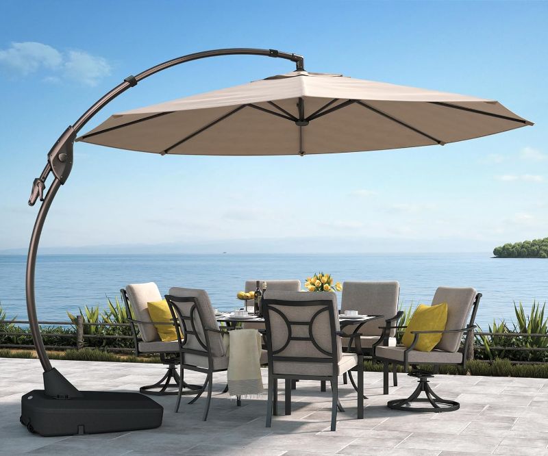 Photo 1 of Grand patio 11FT Cantilever Umbrella with Base Outdoor Large Round Aluminum Offset Umbrella for Patio Garden Backyard (Champagne, 11 FT)