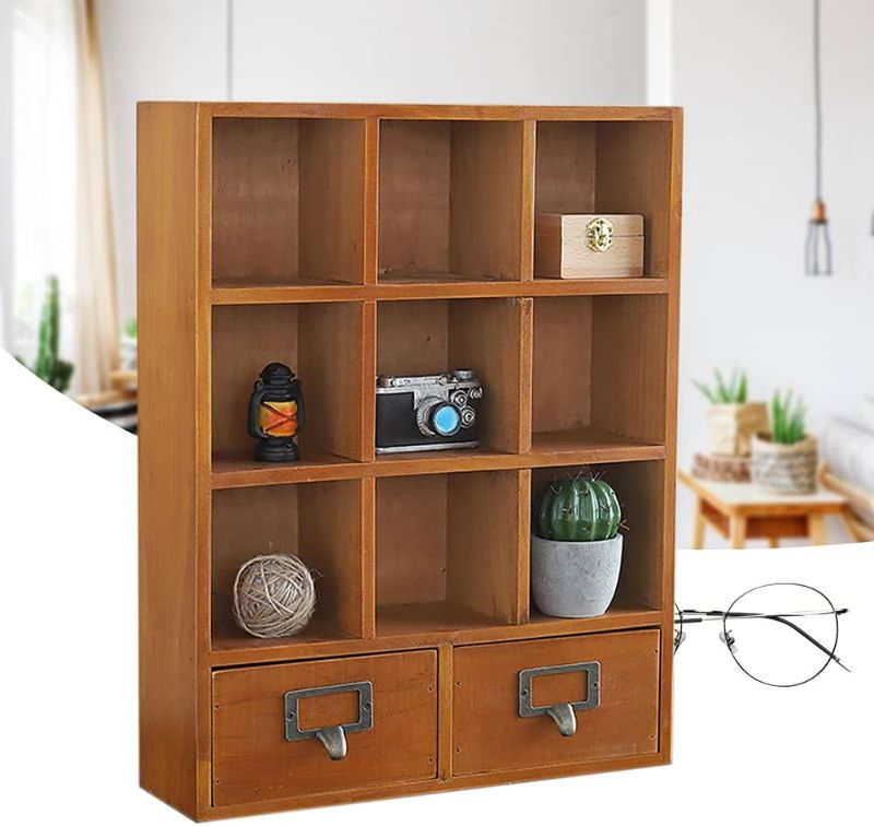 Photo 1 of Storage Shelf Vintage Storage Display Shelf with 2 Drawers, 9 Cube Wooden, Open Shelf Storage for Bedroom, 13.1 * 3.93 * 16.7inch, Metal Handle, Brown