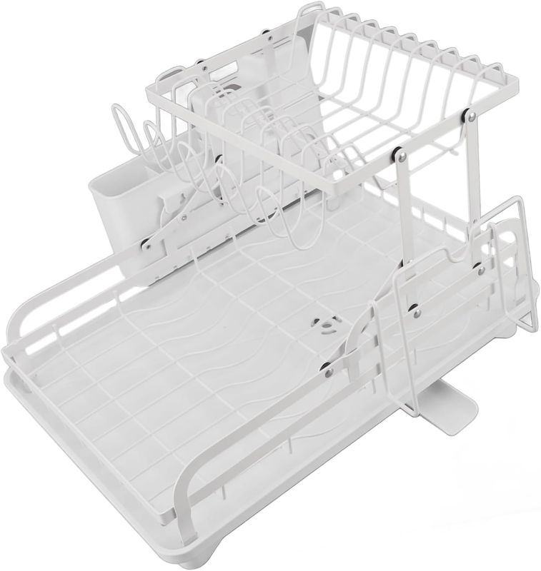 Photo 1 of Atyhao 2 Tier Folding Dish Drying Rack with Drainage Function, Multifunctional Storage Rack for Kitchen Utensils Double Layer Design (White)