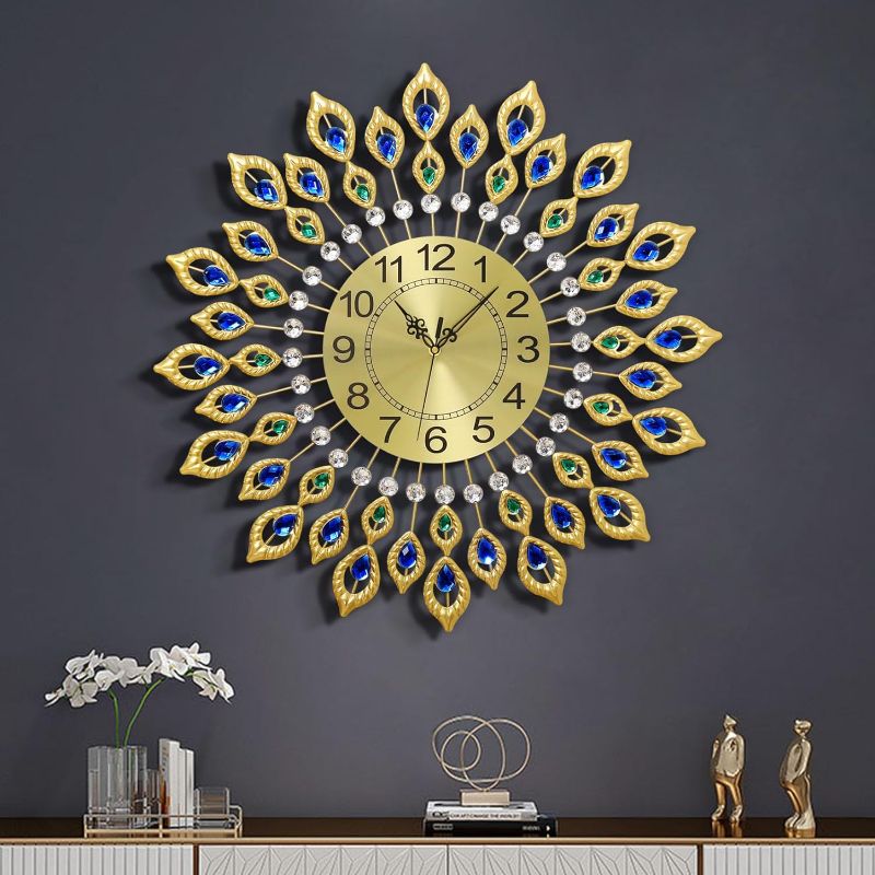 Photo 1 of 24.0 Inch Gold Large Wall Clocks for Living Room Decor,Elegant 3D Modern Wall Clock with Dial Arabic Numberals Non-Ticking Silent Big Wall Clocks,Diamond Round Home Decoration Kitchen Clocks