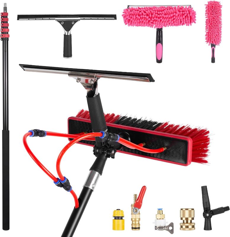 Photo 1 of 24ft Long Reach Solar Panel Cleaning Brush Kit, Adjustable Water Fed Pole & 2 Dusting Brushes for Window,Outdoor Window Roof Cleaner Kit