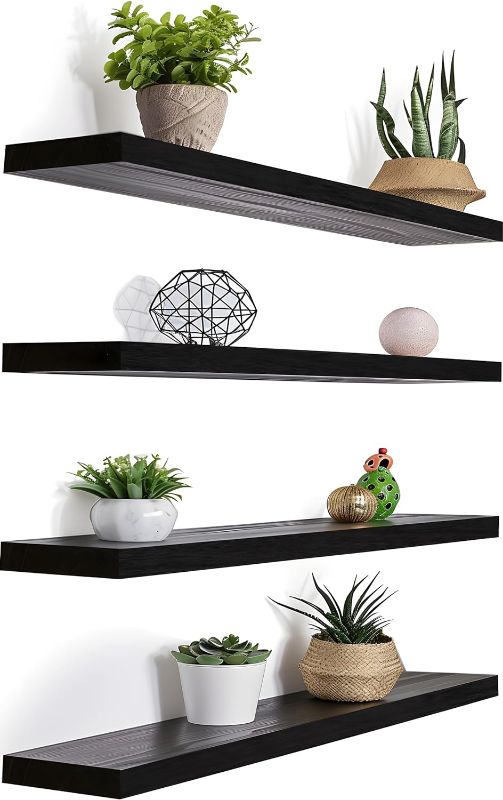 Photo 1 of 24 Inch Rustic Farmhouse Floating Shelves for Wall Decor Storage Wood Wooden Wall Shelves for Bedroom Bathroom Kitchen Living Room - Black Set of 4