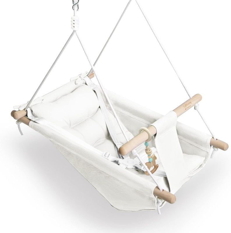 Photo 1 of Baby Swing Indoor and Outdoor, Canvas Hammock Swing for Baby to Toddler with a Comfortable Seat, Macaroon Wooden Toy, Adjustable 5-Point Harness,Gift for Baby Boys Girls, 3 Modes, White