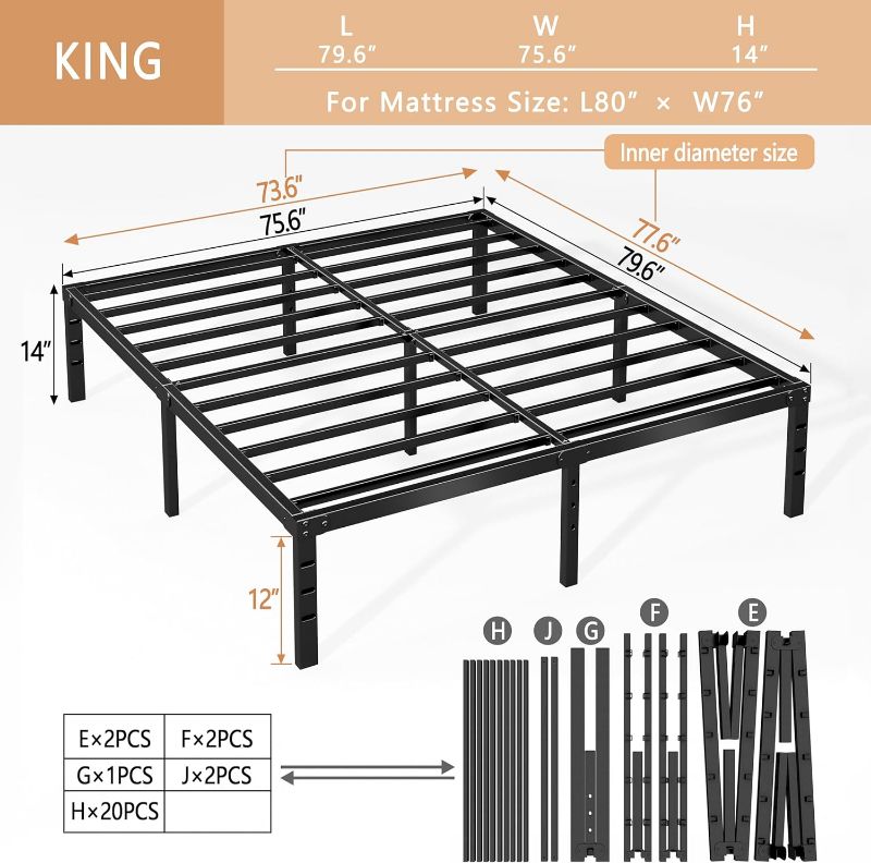 Photo 2 of King Size Bed Frame 14 Inch Metal Bed Frame No Box Spring Needed, Storage Space Under The Bed Heavy Duty Frame Bed, Non-Slip Noise Free Easy Assembly Durable King Size Bed Frame