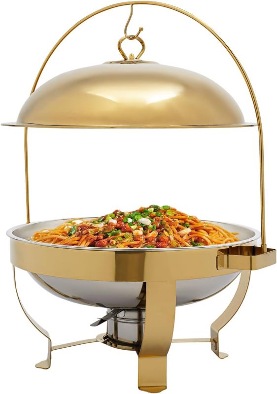 Photo 1 of Chafing Dish Buffet Set, 7.26 Qt Stainless Steel Buffet Servers & Warmers, Chaffing Servers with Hanging Cover, for Parties Weddings, Banquets, Catering Events, Gold